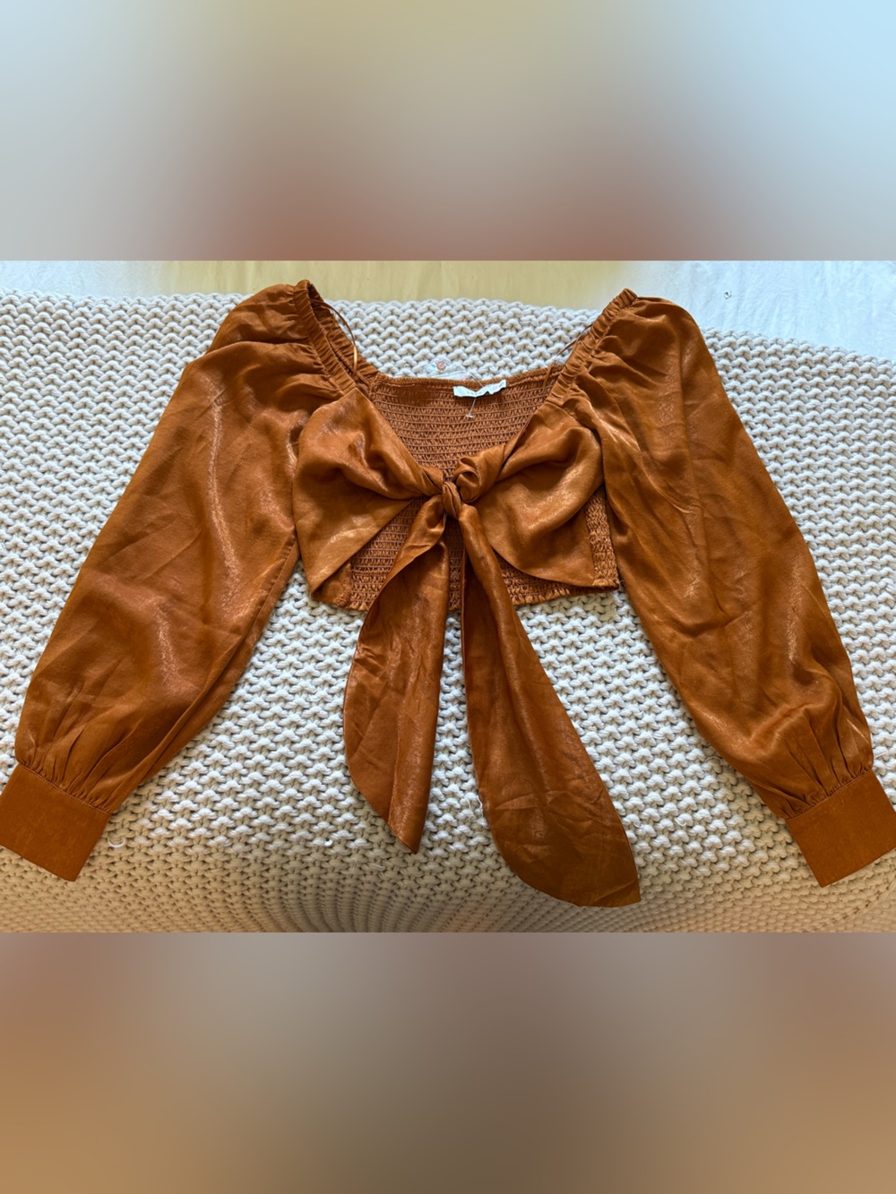 Lush Boho Gold Tie Front Balloon Sleeve Cropped Blouse Size S